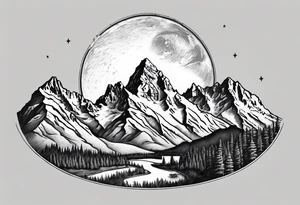 Half sleeve of Teton mountain range with moon in sky tattoo idea