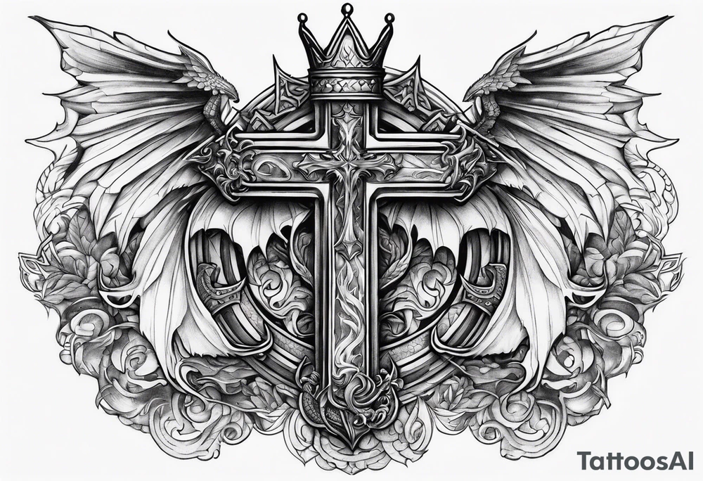 Cross with a crown around it with dragon wings and fire tattoo idea