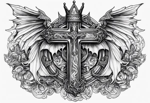 Cross with a crown around it with dragon wings and fire tattoo idea