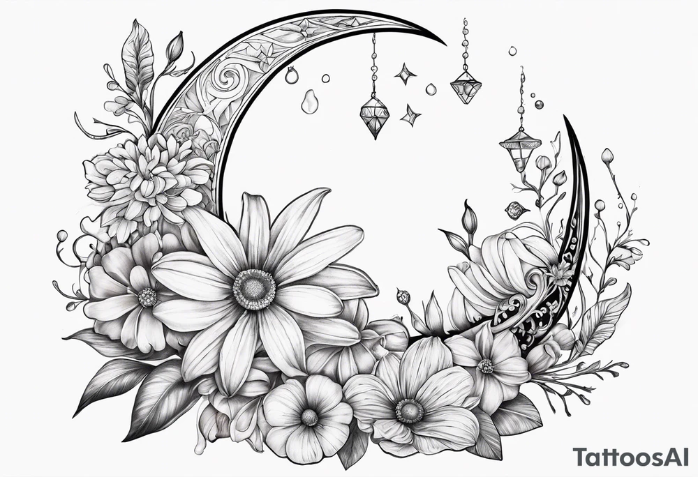 Crescent moon with daisy's, lily’s, crystals, and mushrooms tattoo idea