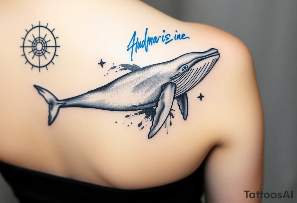 “A realistic-style humpback whale swimming forward across the upper bicep, with its tail transitioning into abstract brushstrokes and artistic smudges. Background includes sacred geometric shapes (circles, triangles, lines) integrated subtly, and a detailed Maori/Polynesian tribal tattoo only on the shoulder area. Add expressive blue calligraphic scribbles – more like ink gestures than text. tattoo idea