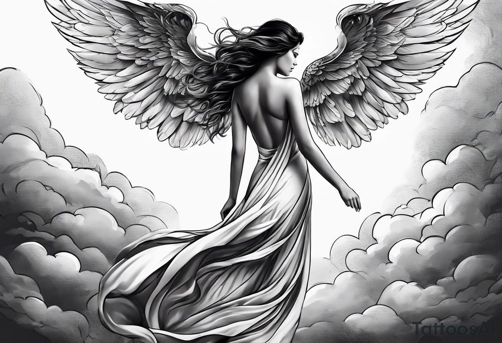 angel woman with big wings full body flying on the sky looking right side  we  can see right profile tattoo idea