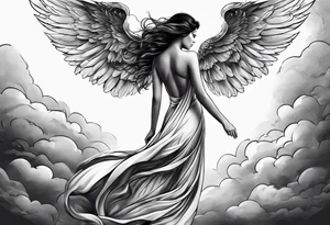 angel woman with big wings full body flying on the sky looking right side  we  can see right profile tattoo idea