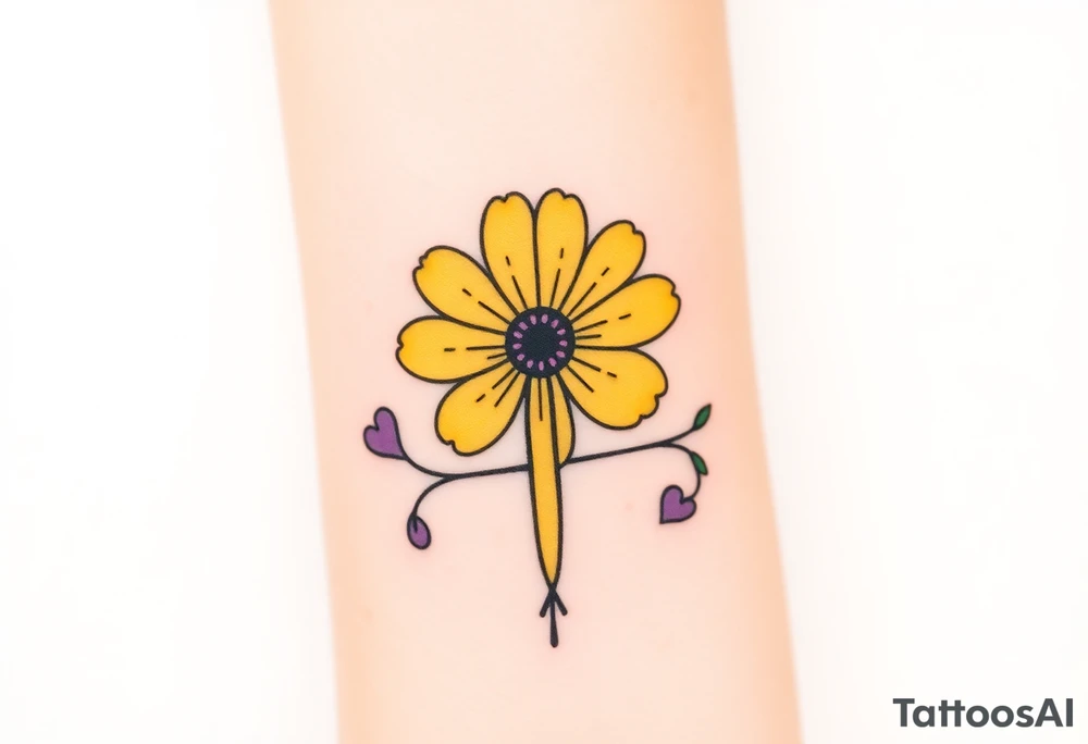 Simple yellow daisy with Purple Hearts & cross tattoo idea