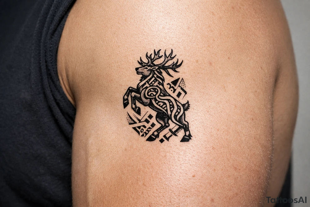 Caribou in Norse knot work open line concept mammen style stipple shading with animal on rear legs tattoo idea