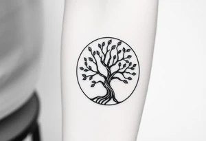 Tree with few leaves, encircled in a circle, with a line starting from the left side of tree and spiraling outward in a clockwise direction tattoo idea