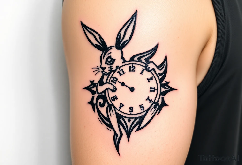 Geometrical rabbit holding a clock tattoo idea