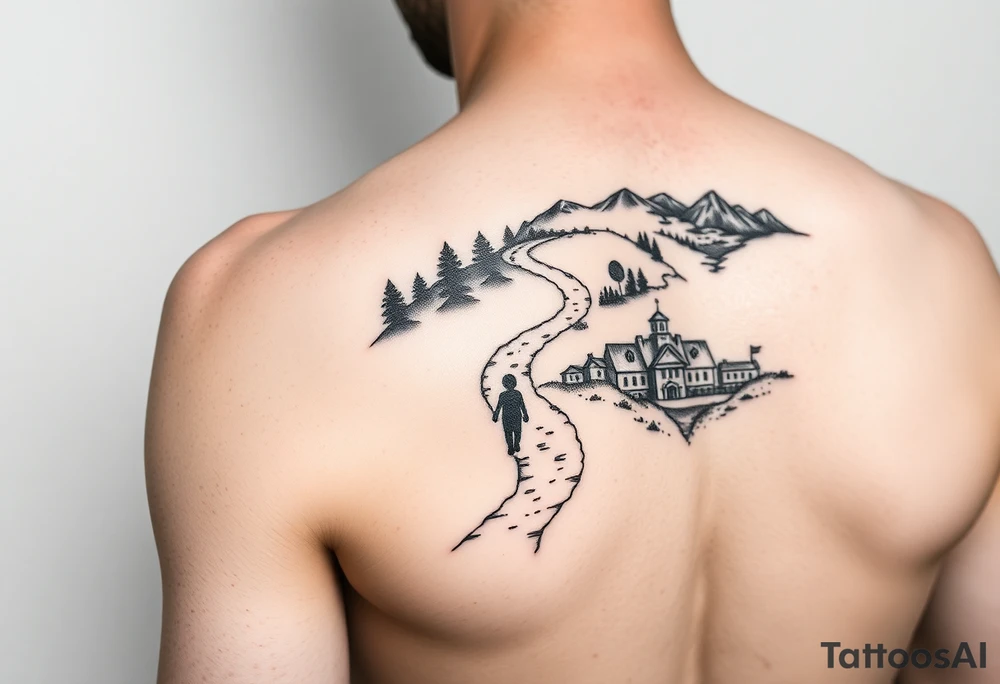 designing a black and white tattoo for a half-sleeve on shoulder: path beginning in the bottom end and winding upwards. The first third starting at the bottom. On the left are a few trees and on the right side a village and a school. A child is walking the path. tattoo idea