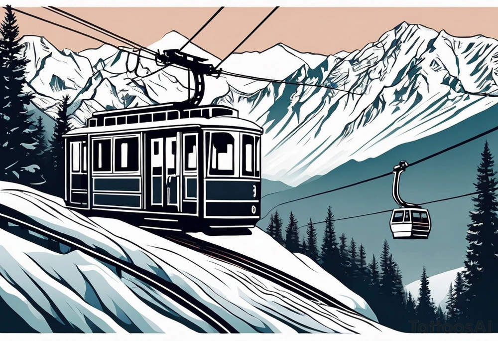 Create a large-scale tattoo design that starts at the lower back. The motif features a cable car ascending from a valley station into snowy mountains, leading to the top station. At the end of the cable car, it connects to a pair of ski goggles worn by a female head. In the lenses of the ski goggles, the snowy mountains should be reflected. Pay attention to realistic details of the mountains and the cable car, while the female head and ski goggles are stylized but clearly recognizable. The design should flow organically and extend upwards along the back. tattoo idea