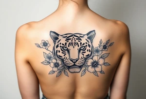 a whole tiger with some flowers around it tattoo idea