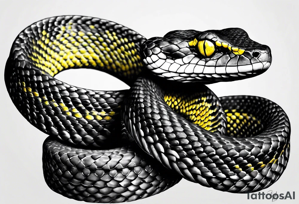 Black and grey realistic yellow blotched pit viper snake with rainforest background on forearm. I want the snake to look aggressive with mouth open showing fangs tattoo idea