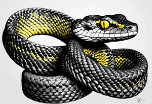 Black and grey realistic yellow blotched pit viper snake with rainforest background on forearm. I want the snake to look aggressive with mouth open showing fangs tattoo idea