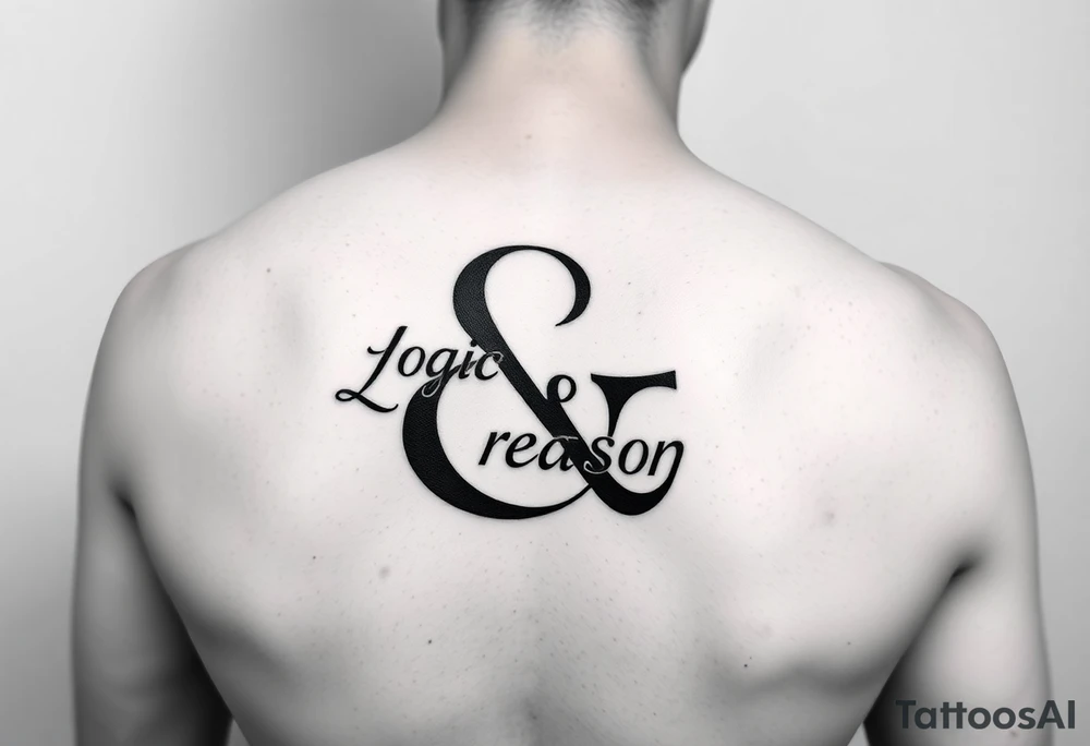 A blackwork tattoo featuring a highly stylized ampersand (&) as the focal point. The words 'Logic' and 'Reason' are subtly integrated within the curves of the ampersand, using a modern serif font. The design is minimalist but bold, with clean lines and high contrast. Legibility of the words is key, and the ampersand should feel artistic and symbolic—representing balance, intellect, and clarity. Suitable for a forearm or upper arm tattoo. tattoo idea
