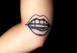 A set of lips snarling with 50cal round between teeth tattoo idea