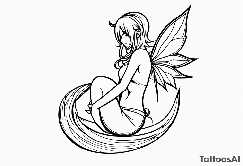 A fairy with a tail inspired by the logo of the show called Fairy Tail in a fetal position leaning in tattoo idea