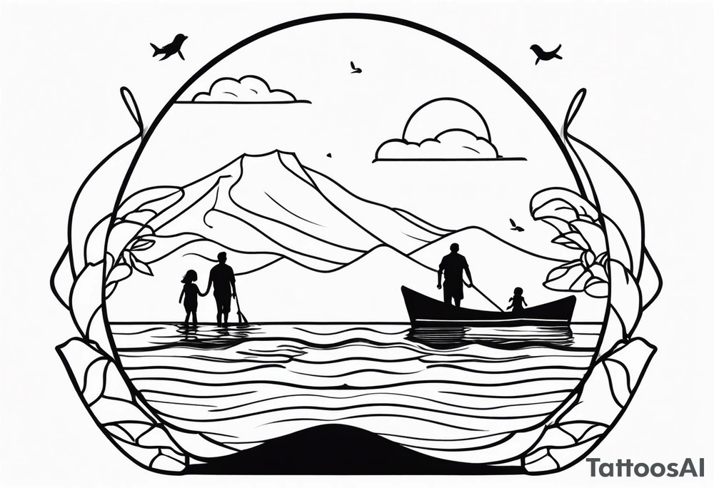 Black and white, single needle, minimal Line work tattoo with a dad and his two toddler daughters in the ocean. tattoo idea