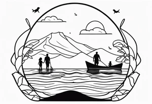 Black and white, single needle, minimal Line work tattoo with a dad and his two toddler daughters in the ocean. tattoo idea