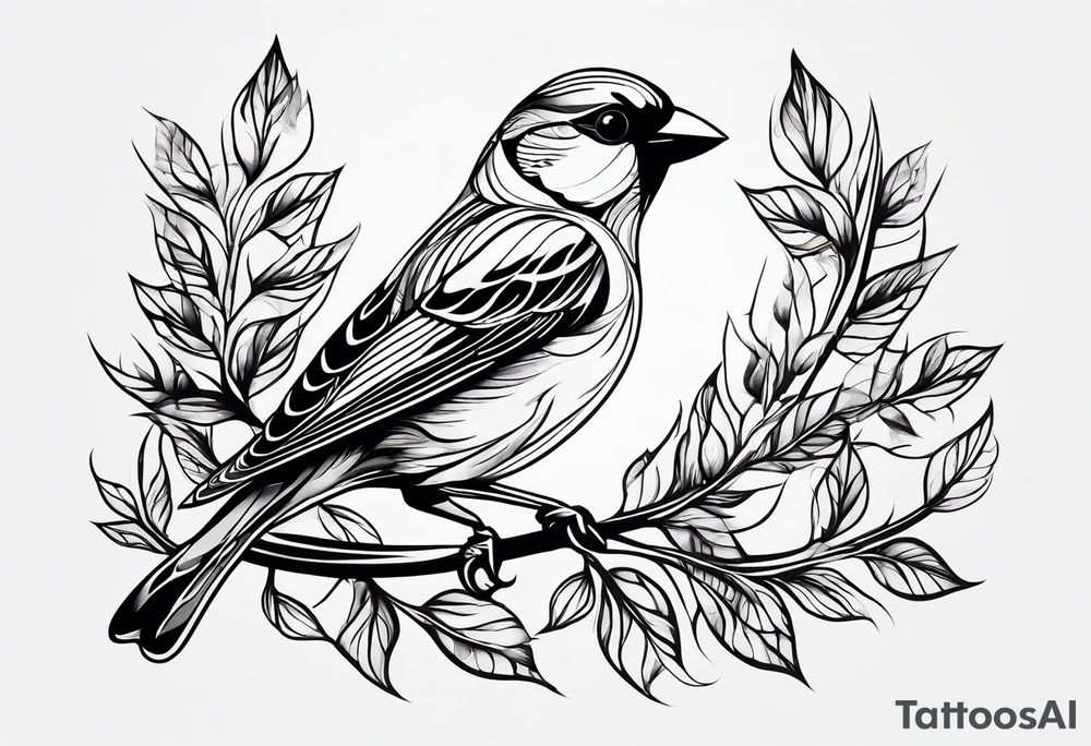 “Generate a simple tattoo design of a finch, showcasing its distinctive shape and a few delicate leaves to enhance the composition.” tattoo idea