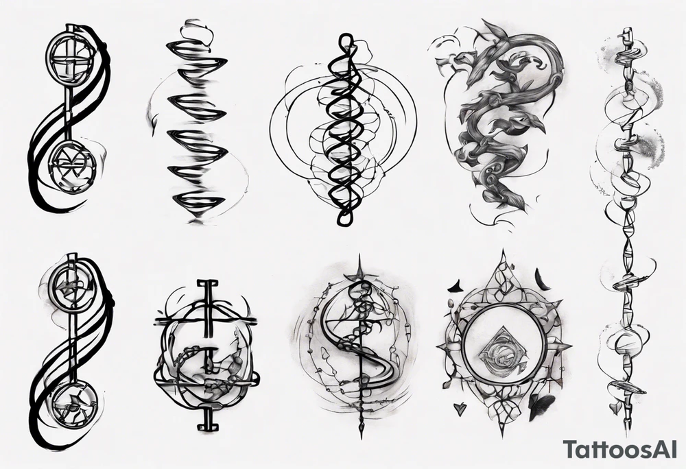 Create a tattoo sketch that visually represents my life journey and the evolution of mindfulness. Consider life as a DNA chain, where each link symbolizes key moments of my development and consciousness. Allow the images to change and transform, reflecting the evolution of my perception and self-understanding over time tattoo idea