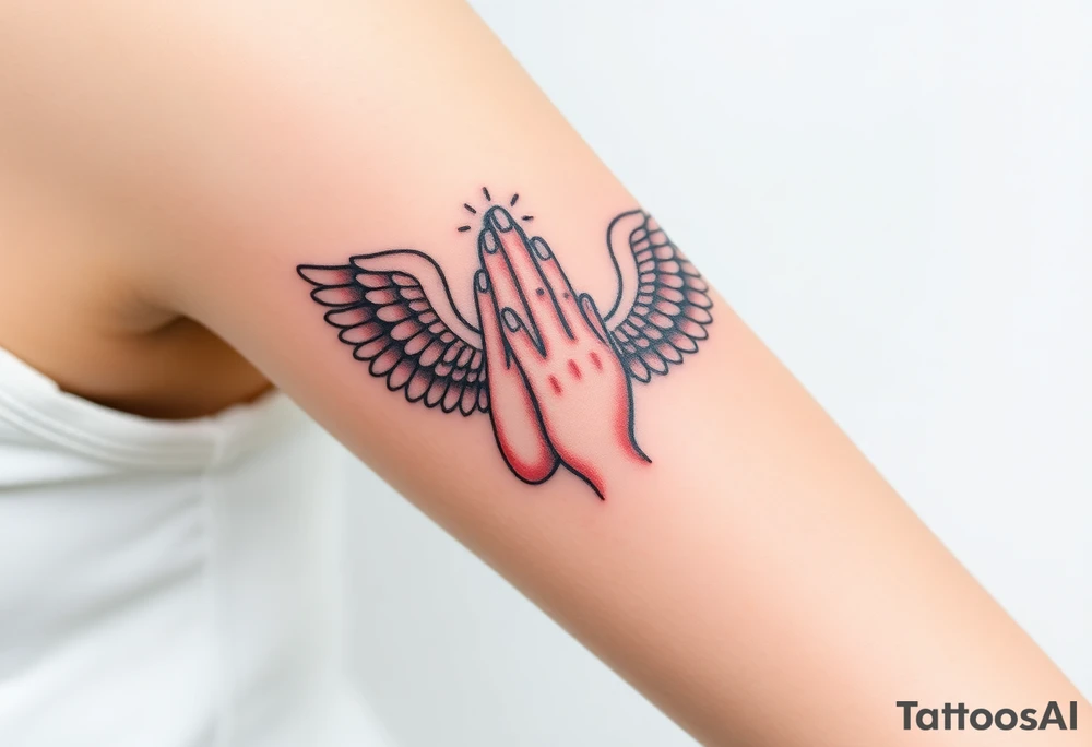 Prayer hand with names mixing in angel wings tattoo idea