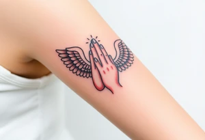 Prayer hand with names mixing in angel wings tattoo idea