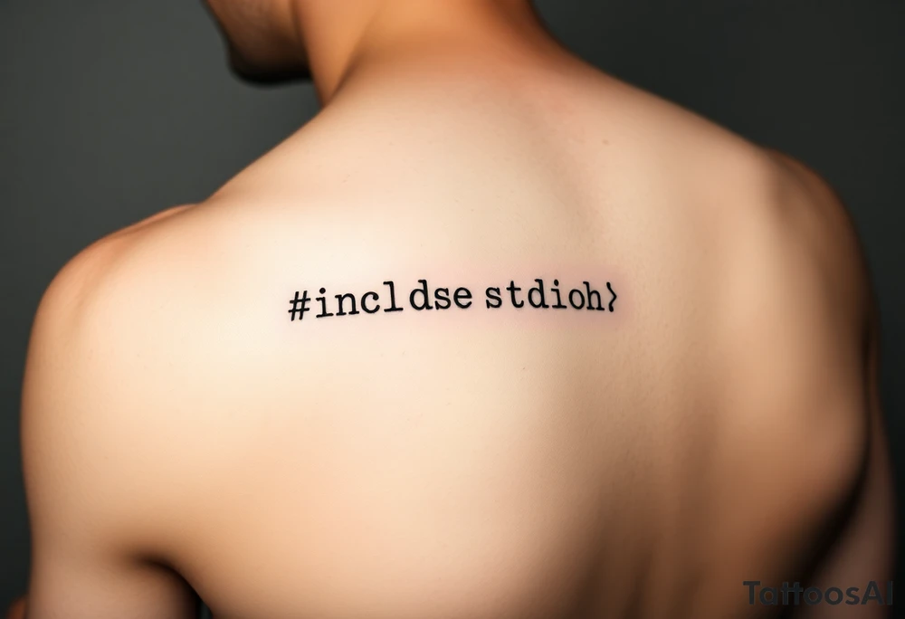 Minimalist black tattoo of the text "#include <stdio.h>" on a human wrist. Clean monospace font (programming style), thin lines, sharp and precise lettering. No colors, only solid black ink. Realistic skin texture, natural wrist curvature, subtle lighting. Simple and elegant composition, no additional elements or decorations. Focus on clarity and readability of the code text. tattoo idea