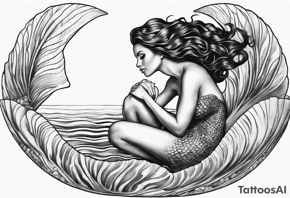 black mermaid in clam shell tattoo idea