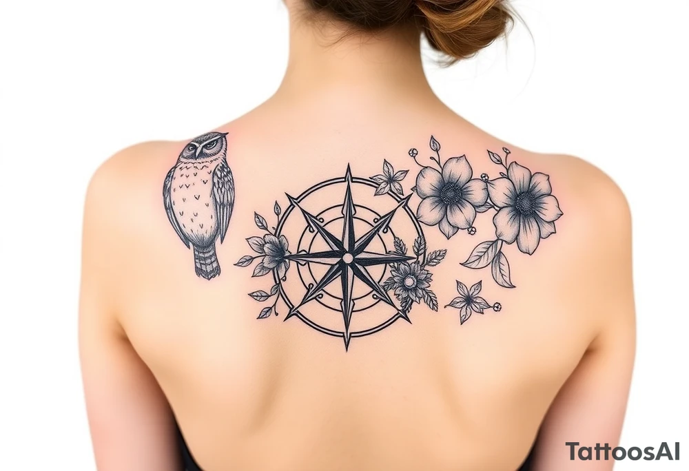Full back owl on left shoulder flowers on right 3 turtles down spine use antique compass rose overlaid everywhere else tattoo idea