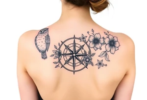 Full back owl on left shoulder flowers on right 3 turtles down spine use antique compass rose overlaid everywhere else tattoo idea