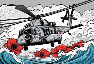 Canadian military grey CH-148 Cyclone helicopter soaring low over rough, ocean waves. A poppy flower be prominently displayed tattoo idea