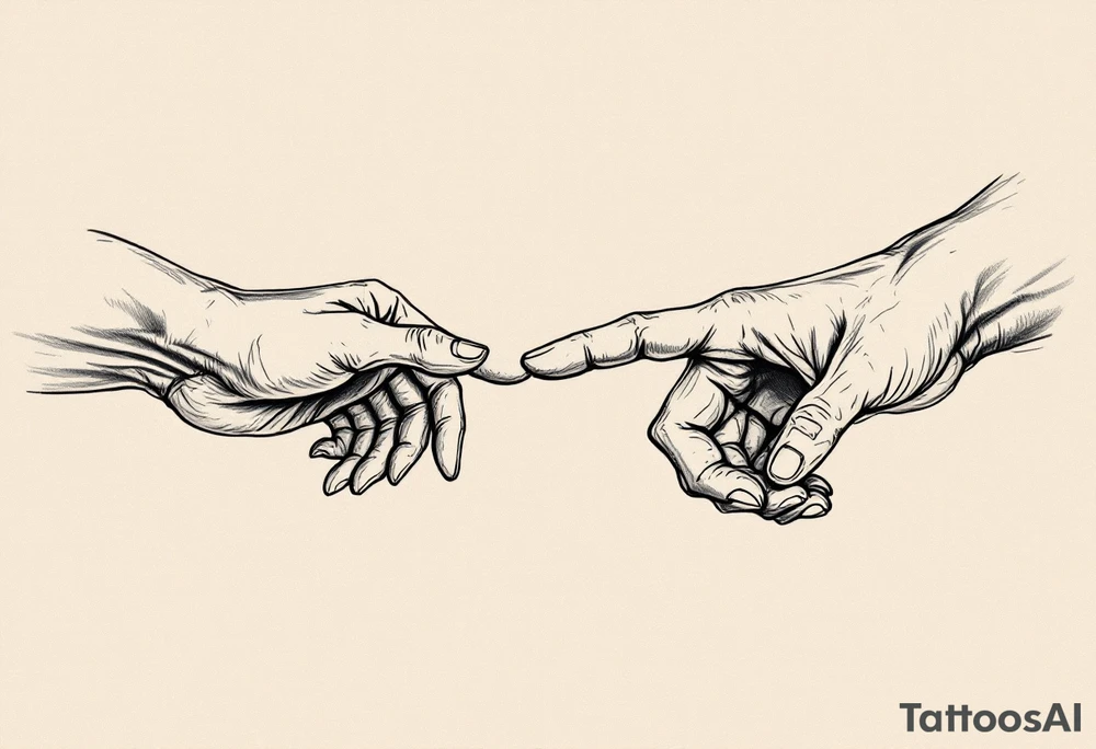 Two hands reaching for each out for other touching fingertips tattoo idea