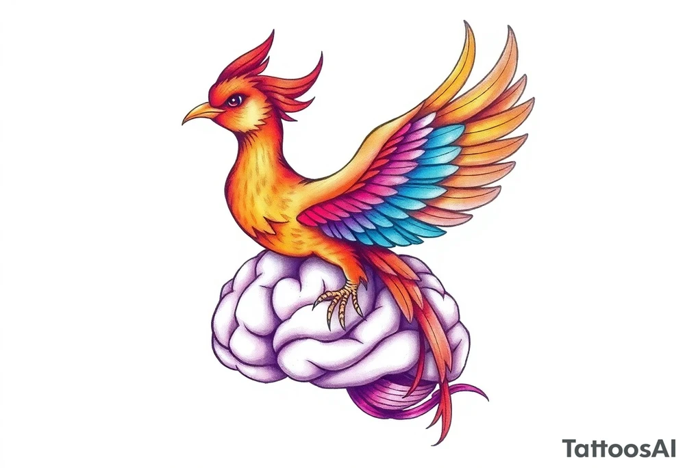 A phoenix flying out of a brain colorful tattoo idea