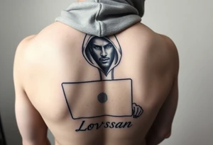 Create a Image of Guy in a hoodie with laptop, like hacking, can you Make IT small so IT fits IT leg, ADD some like Matrix text that says Lovsan. tattoo idea
