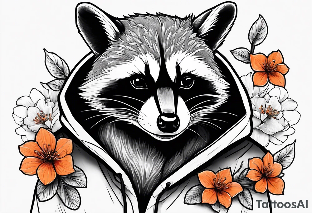 raccoon wearing a black and white Superman hoodie and orange Japanese cherry blossoms tattoo idea