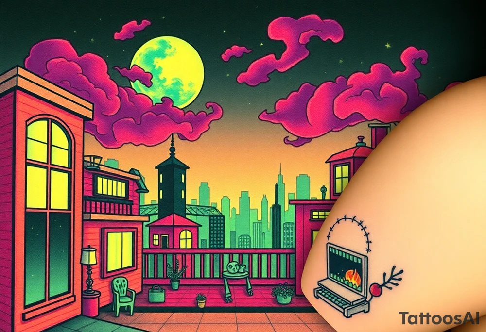 Tim Burton’s haunted pastel Tokyo apartment and dripping with muted reds, dusty pinks, and eerie green glow.purple and cyan smokey clouds swirl in the crescent moonlit sky thats sprinkled with stars tattoo idea tattoo idea