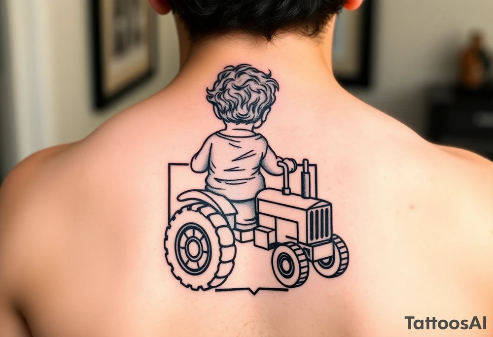 minimalist back view of curly headed toddler son riding a toy tractor with a geometric frame tattoo idea