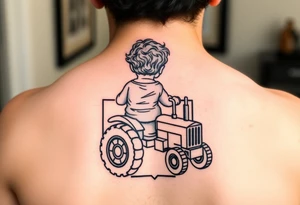 minimalist back view of curly headed toddler son riding a toy tractor with a geometric frame tattoo idea