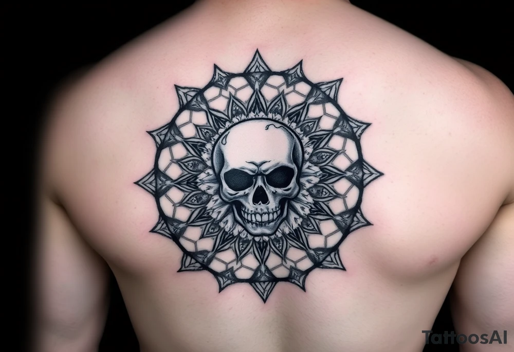 "Pepsi logo deconstructed into a sand mandala. Pixelated skull in center. Black and red ink, sacred geometry style, symmetrical." tattoo idea