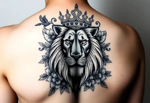 powerful majestic lion with a crown, surrounded by floral ornaments and birds tattoo idea