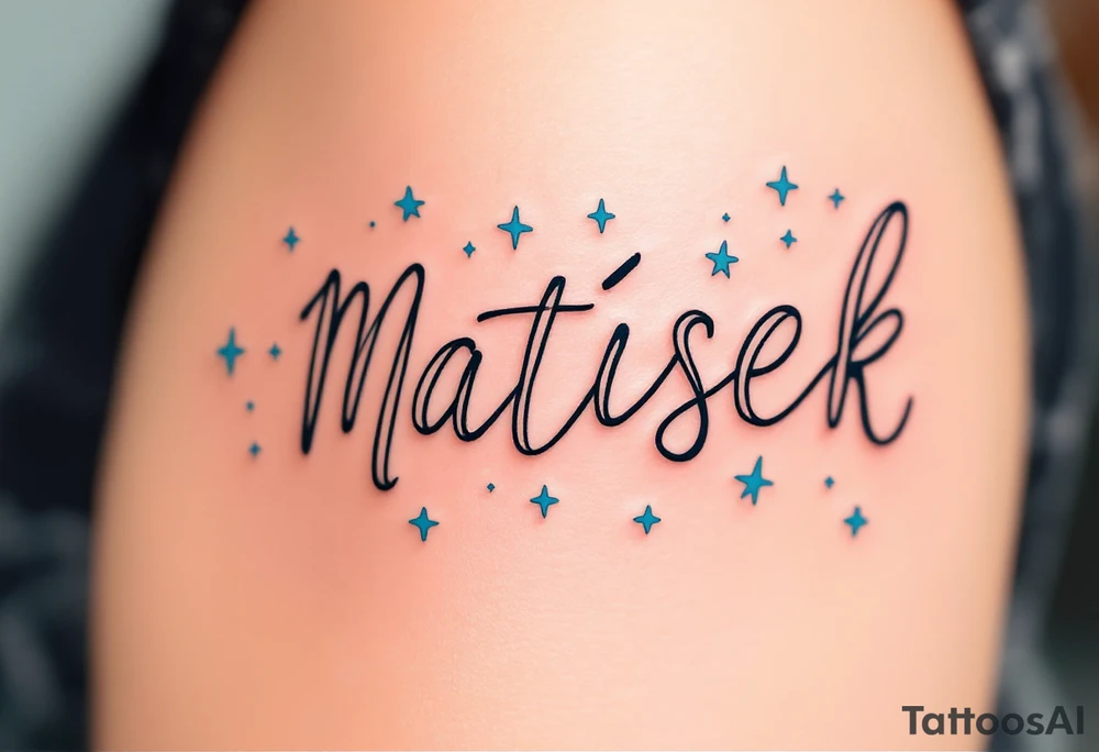 Matýsek in playful handwritten font, with light blue stars scattered around it. tattoo idea