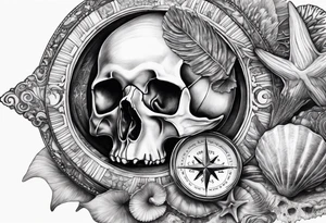 Compass, shells, shark teeth, starfish, oyster with pearl, skull tattoo idea