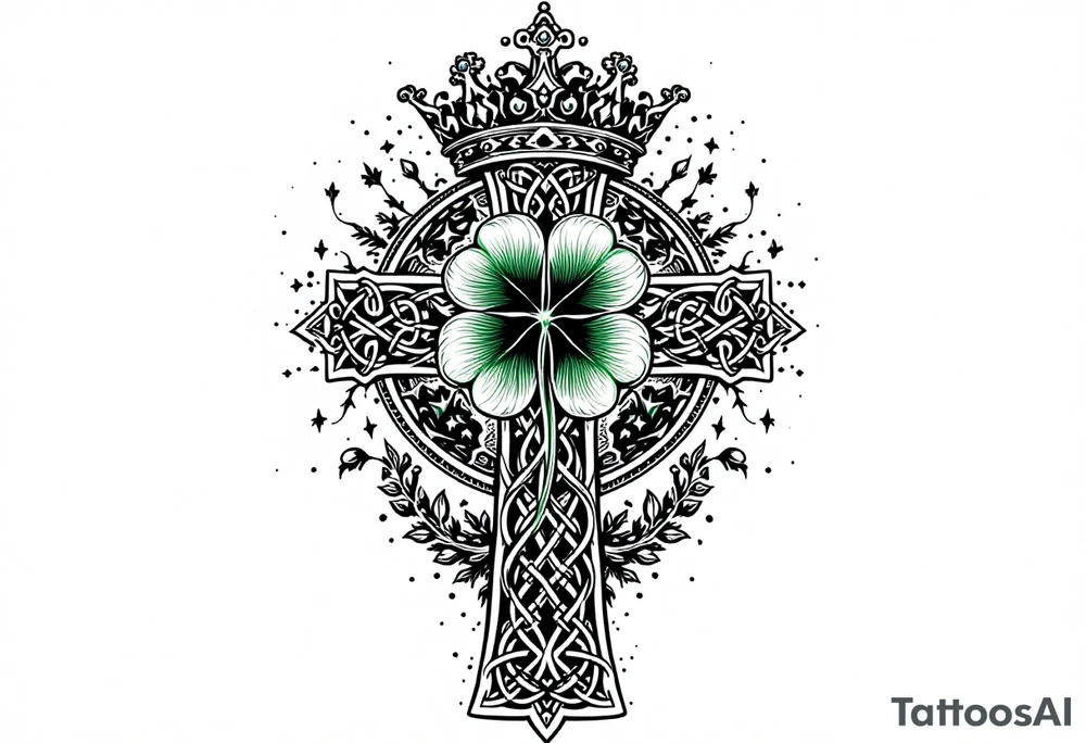 Celtic cross tattoo featuring intricate knotwork patterns along the arms and base of the cross. At the heart of the cross, place a vibrant four-leaf clover, its leaves shaded with subtle gradients of green, symbolizing luck and unity. Above the cross, incorporate a regal crown adorned with ornate details, such as small gemstones or filigree, to signify authority and strength. Behind the cross add some tree of life elements and celtic knots tattoo idea