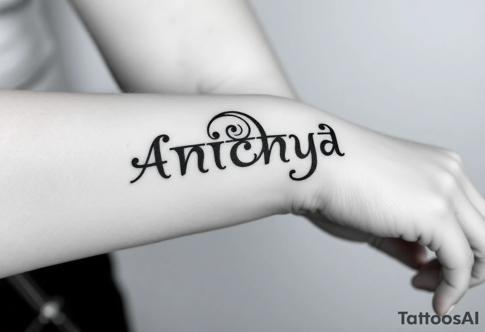 Create a tattoo that writes the Hindi word "Anichya" with A circle or spiral, which represents the cyclical nature of life and death tattoo idea