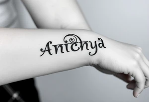 Create a tattoo that writes the Hindi word "Anichya" with A circle or spiral, which represents the cyclical nature of life and death tattoo idea