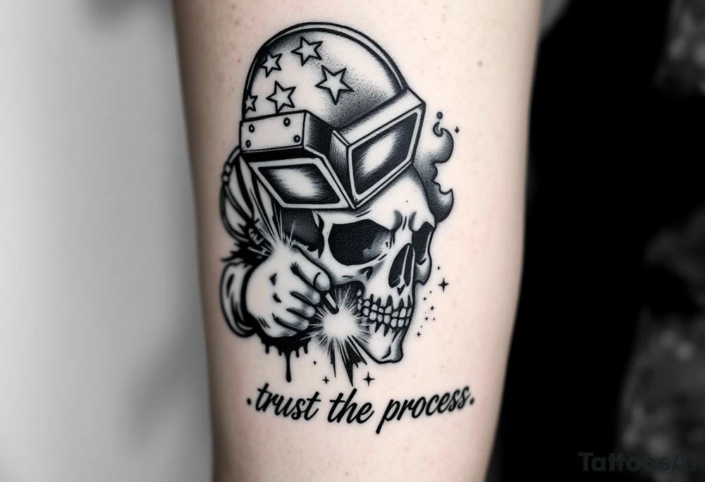 Create a tattoo, in black and white, of a welder, wearing a welder's helmet with stars on it. from only the arms up, welding on a skull Include sparks, and subtle smoke throughout the background as well as the quote, trust the process, at the bottom where the arm meets the wrist. This needs to be sized for a forearm, tattoo idea