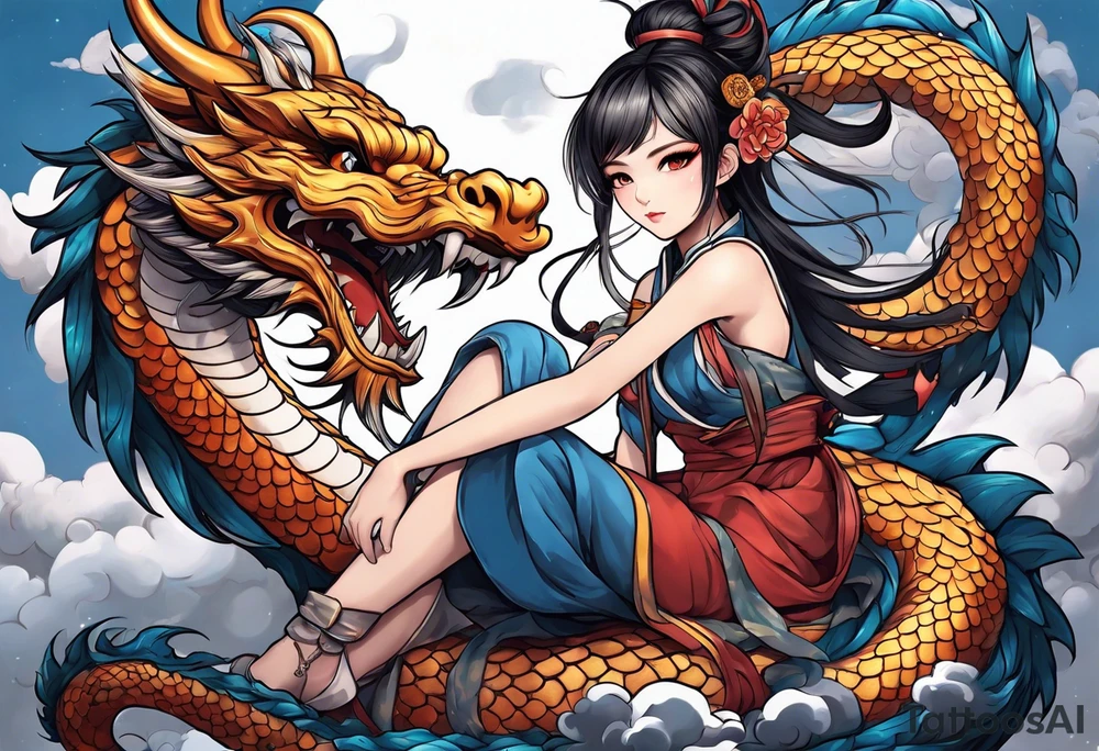 american traditional style, an anime girl sitting on a asian dragon surrounded by cloud tattoo idea