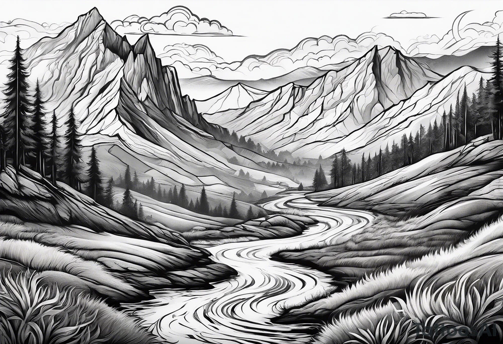 renaissance but western looking plateau and valley with great vastness tattoo idea