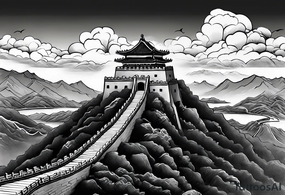 Great Chinese wall, realistic, art, gezeichnet, fine line, black and grey, clouds tattoo idea