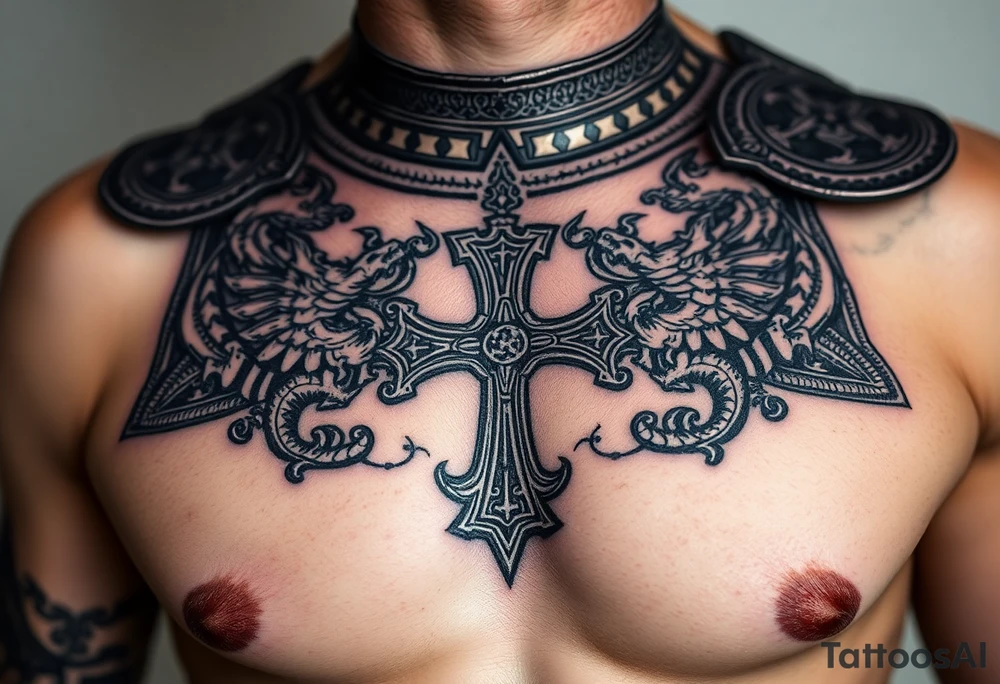 A close-up of an ornate Templar knight’s breastplate, with detailed engravings of dragons and templar cross tattoo idea