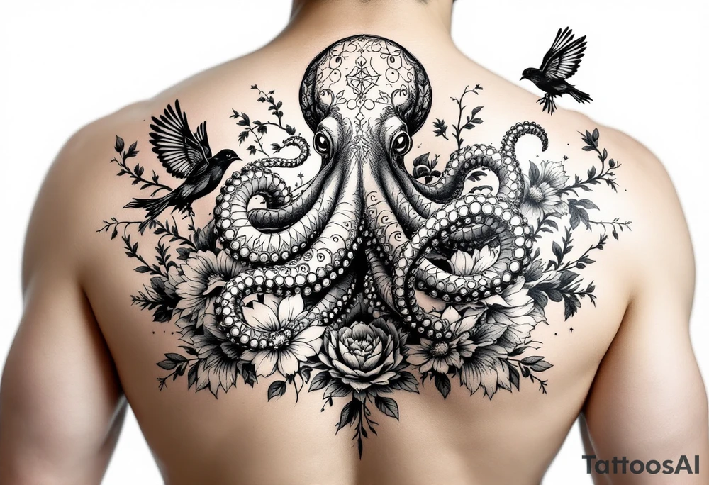 powerful majestic octopus, surrounded by floral ornaments and birds tattoo idea